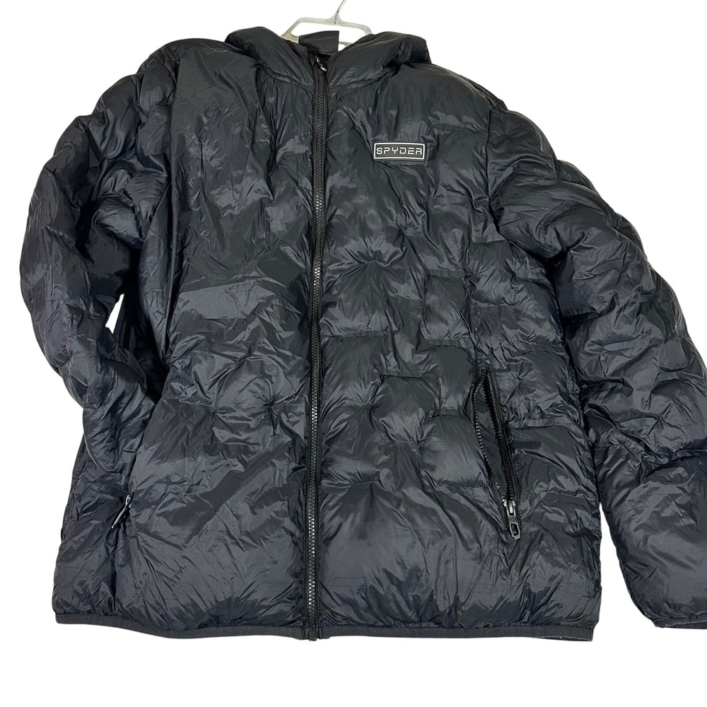 Spyder Mens L Hooded Puffer Jacket Black‎ Quilted Full Zip Insulated Lightweight
